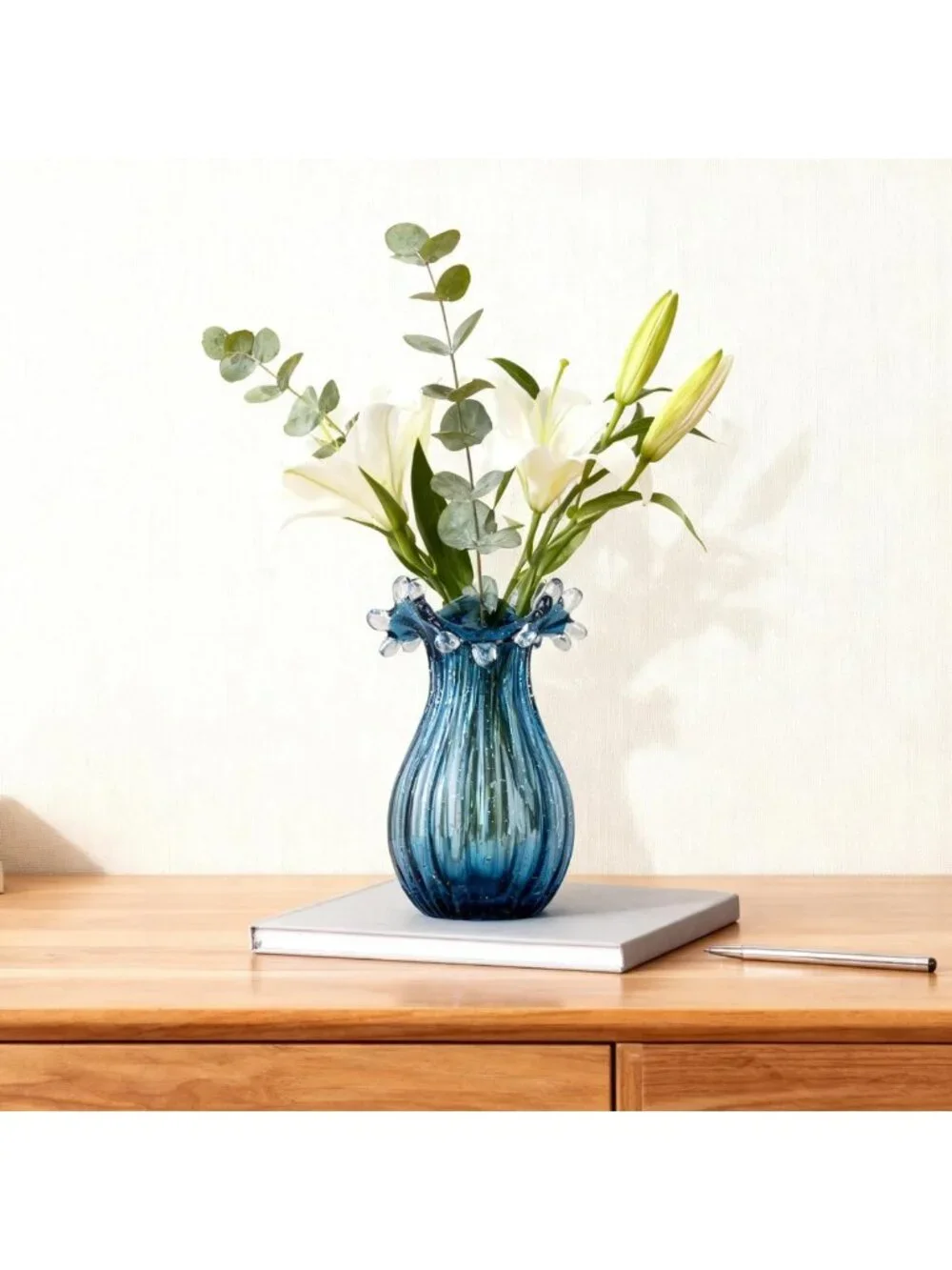 Unique Hand Blown Blue Glass Vase | Modern Art Decor for Living Room & Office